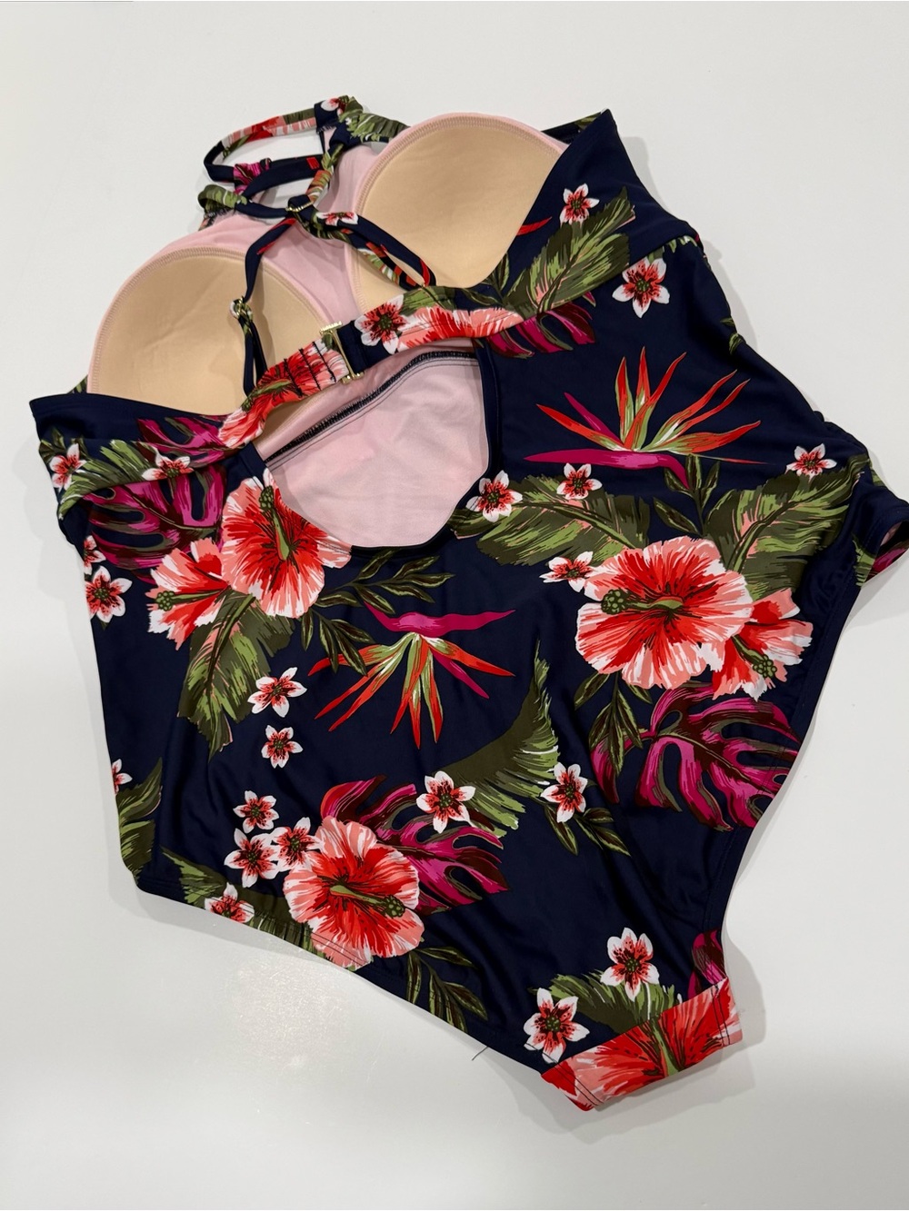 Kona Sol Keyhole Braided Strap One Piece Swimsuit Navy Tropical Hibiscus Size24W - Picture 3 of 7